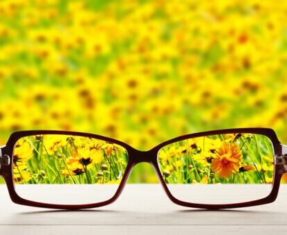 glasses in a field of flowers